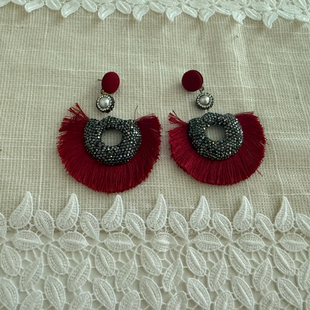 Elegant Red and Silver Fringe Earrings